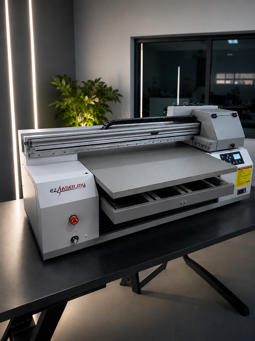 ezLASER.my UV flatbed printer on display in a showroom